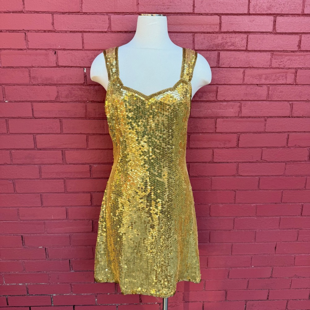 Expressions Gold Sequin Beaded Sweetheart Neckline Mini Dress Size 10